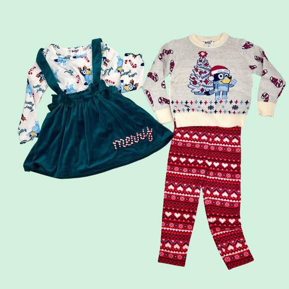 4 PC LOT OF KIDS CHRISTMAS OUTFITS GARANIMALS BLUEY SWEATER TOP & PINAFORE SKIRT - Picture 1 of 8